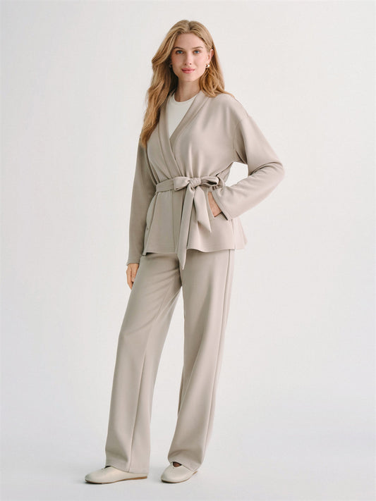 2Pcs Set MaxWarm Belted Wrap Cardigan Coat with Poclets & High-Rise Straight-Leg Pants with Pockets — original photo 1