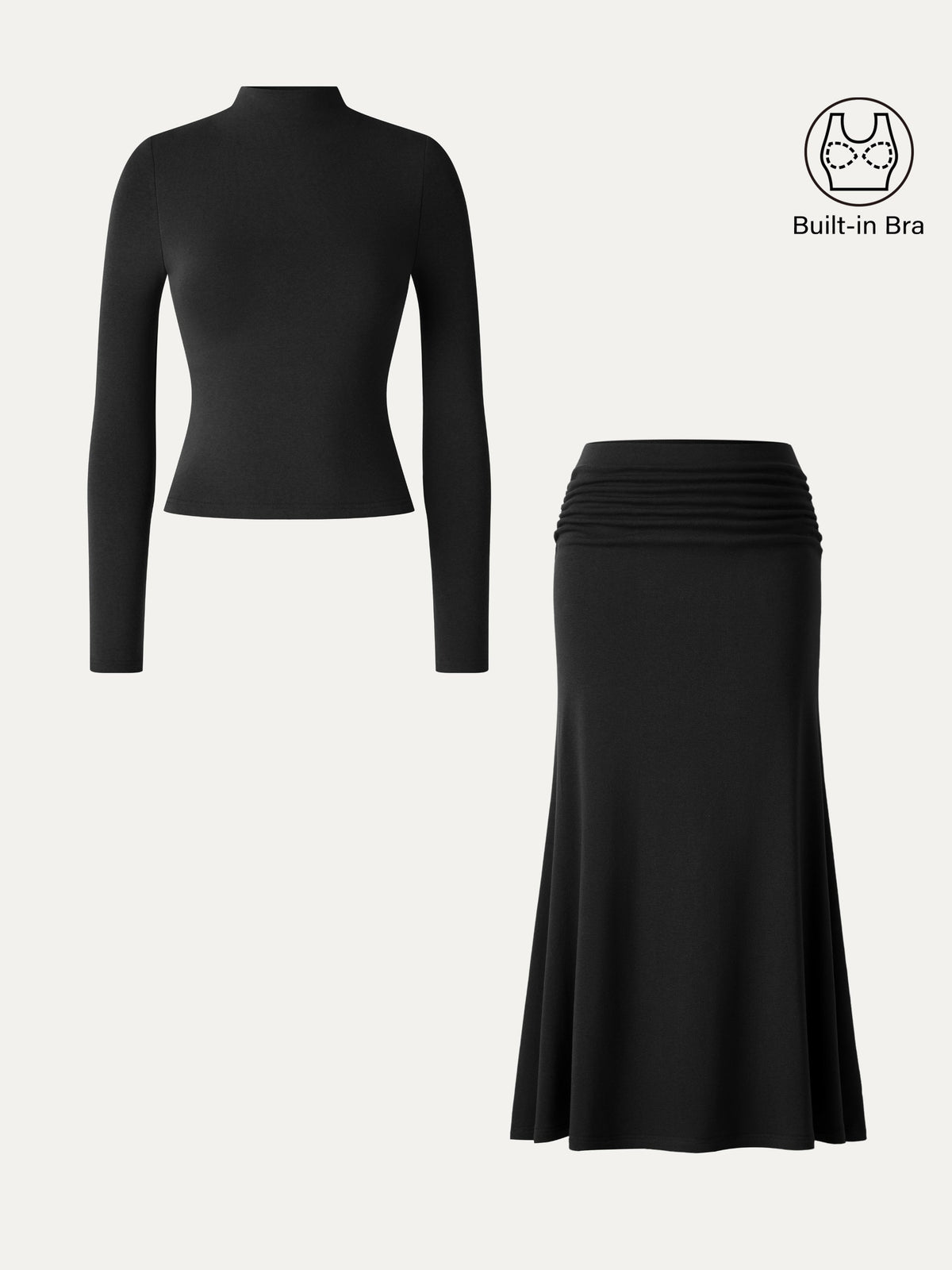 2Pcs Set ProWarm Mock Neck Long Sleeve Bra Top & Mid-Rise Ruched Flared Midi Skirt — original photo 11