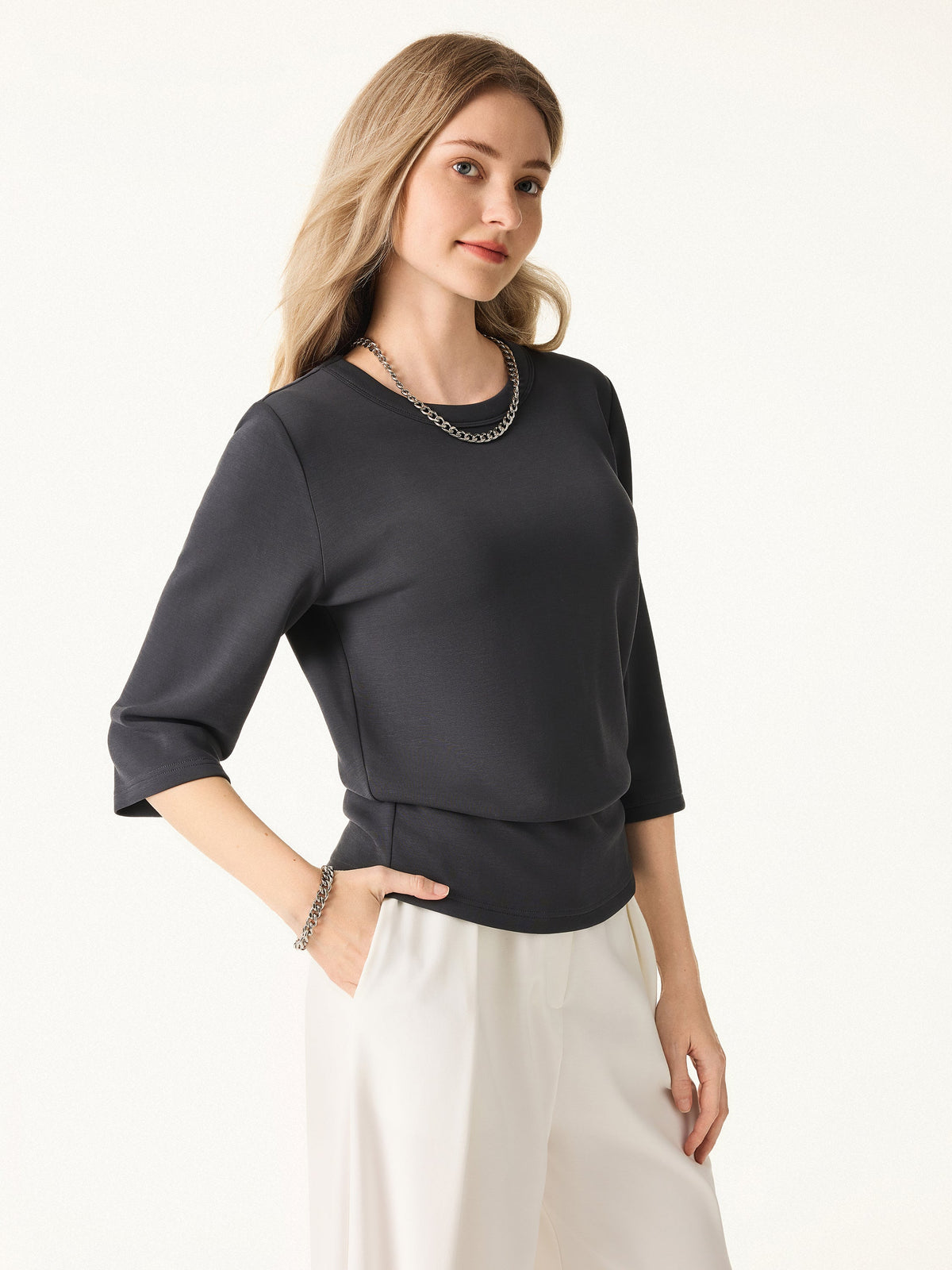 Sandwashed Spacer Crewneck 3/4 Sleeve Top — original photo 9