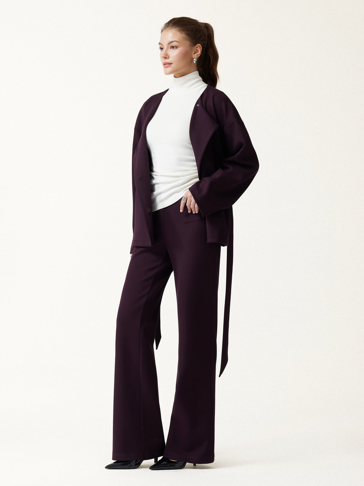 2Pcs Set Round Neck Long Sleeve Belted Jacket with Pockets & Mid-Rise Flared Pants with Pockets — original photo 4