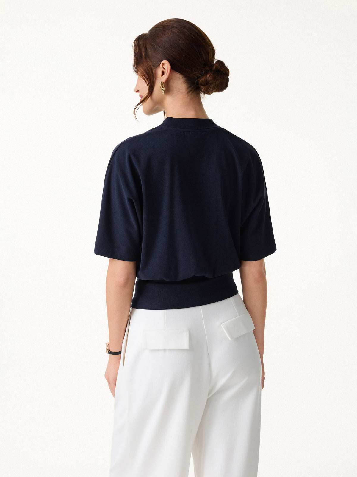 Stand Collar V-Neck Short Sleeve Top — original photo 4