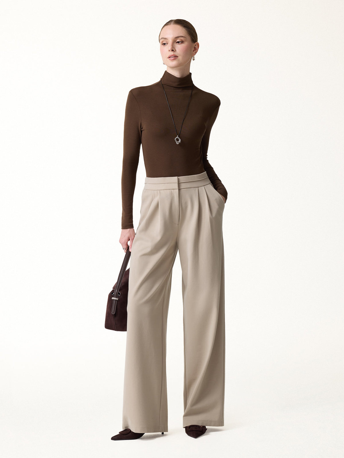 Ponte Mid-Rise Wide-Leg Tuck Pants with Pockets — original photo 2