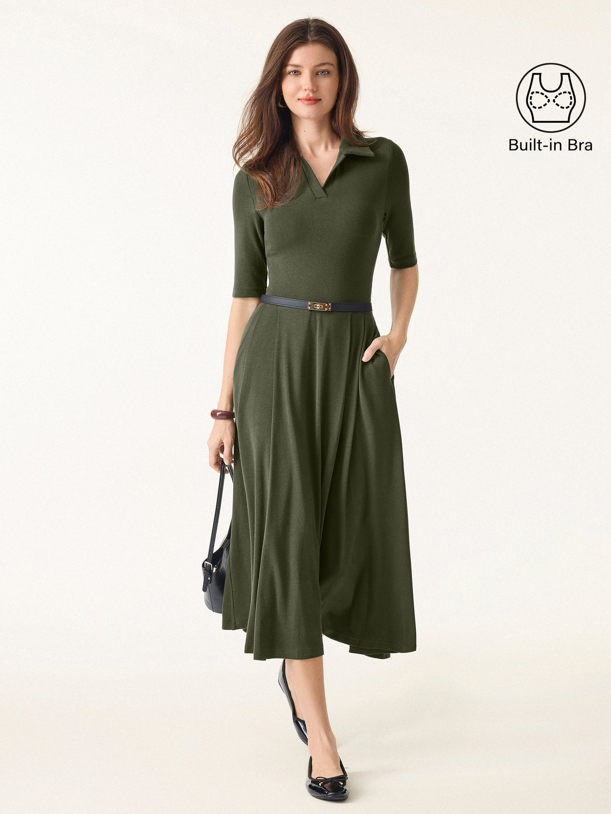 LiteWarm Polo Neck Elbow Length Sleeve Midi Built-In Bra Dress with Pockets — original photo 1