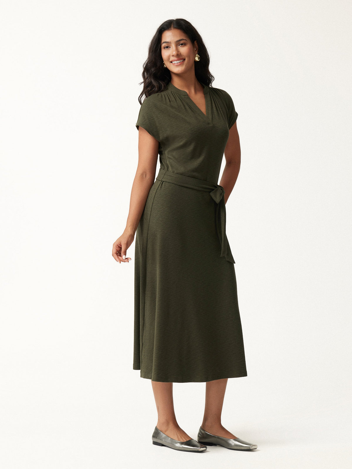 LiteWarm Neck Short Sleeve Belted Midi Dress — original photo 1