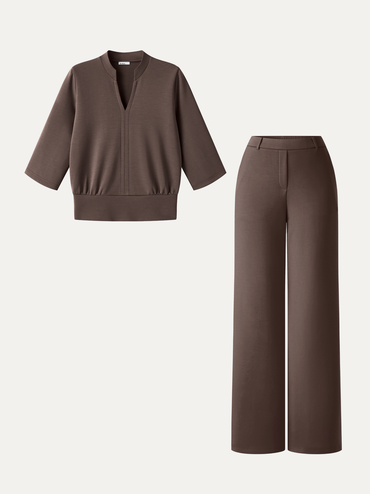 2Pcs Set V-Neck Elbow Sleeve Top & High-Rise Wide Leg Pants with Pockets — original photo 12