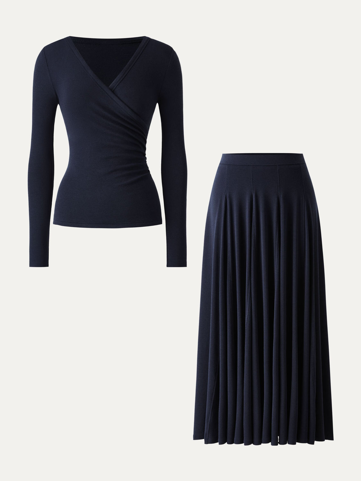 2Pcs Set LiteWarm Surplice Ruched Long Sleeve & Godet Hem Pull-on Maxi Skirt — original photo 2