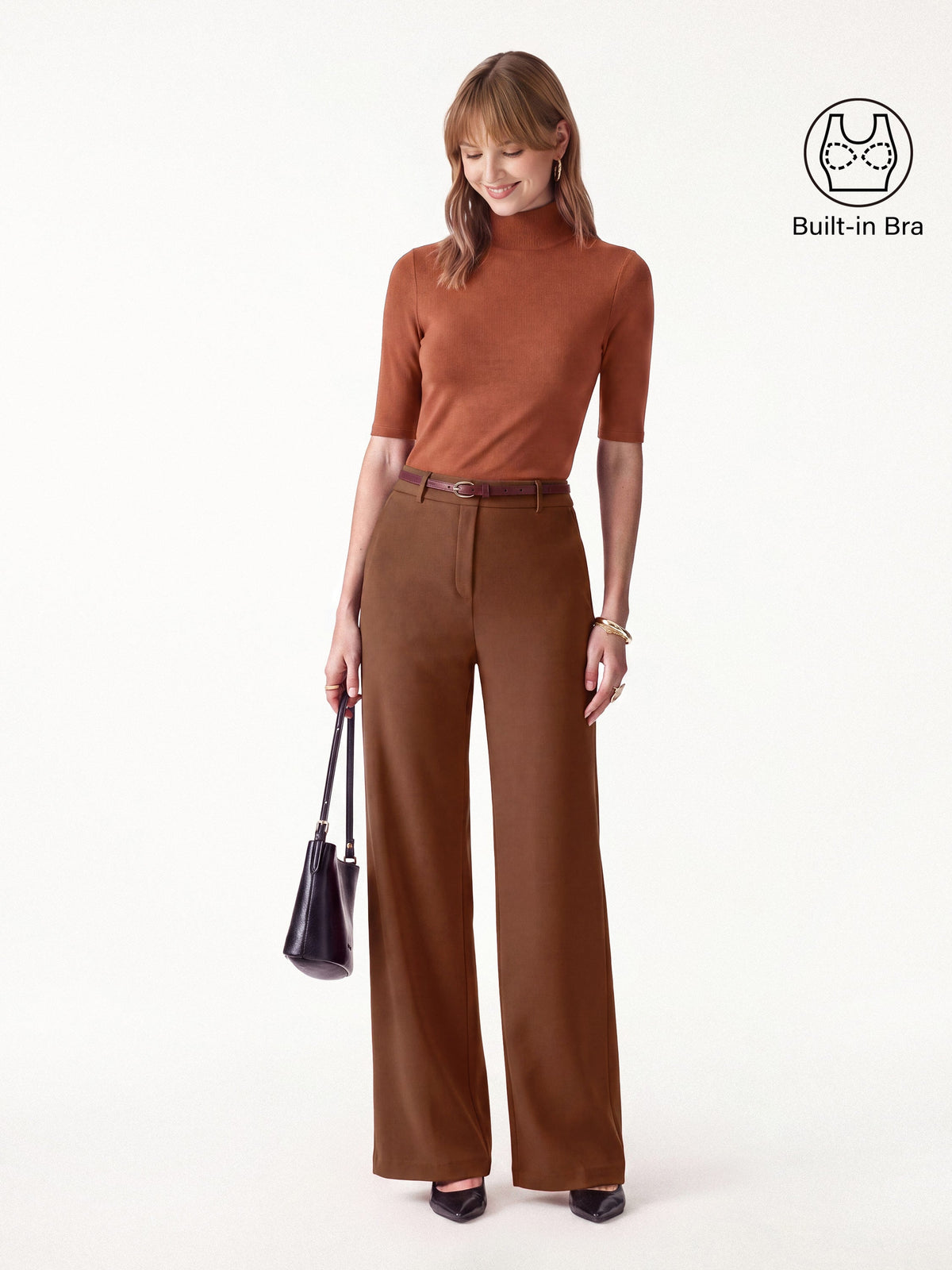 2Pcs Set LiteWarm Elbow Length Sleeve Built-In Bra Top & High-Rise Wide Leg Pants — original photo 11