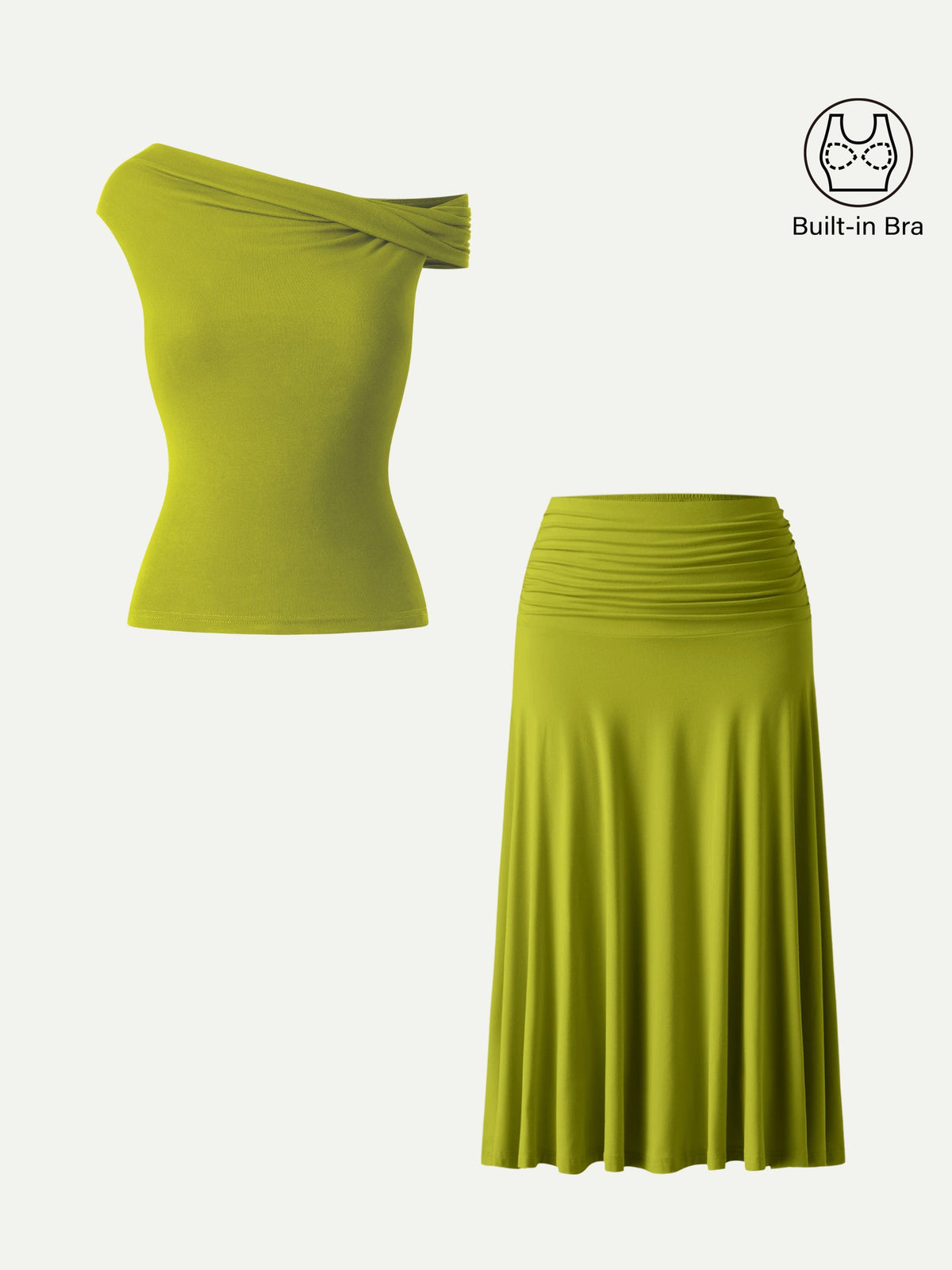 2Pcs Set Multi-wear Built-In Bra Top & Side Ruched A-line Midi Skirt — original photo 23