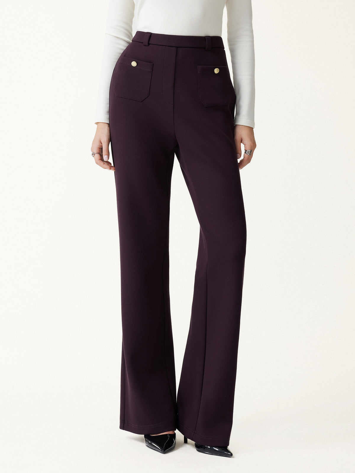 2Pcs Set Round Neck Long Sleeve Belted Jacket with Pockets & Mid-Rise Flared Pants with Pockets — original photo 8