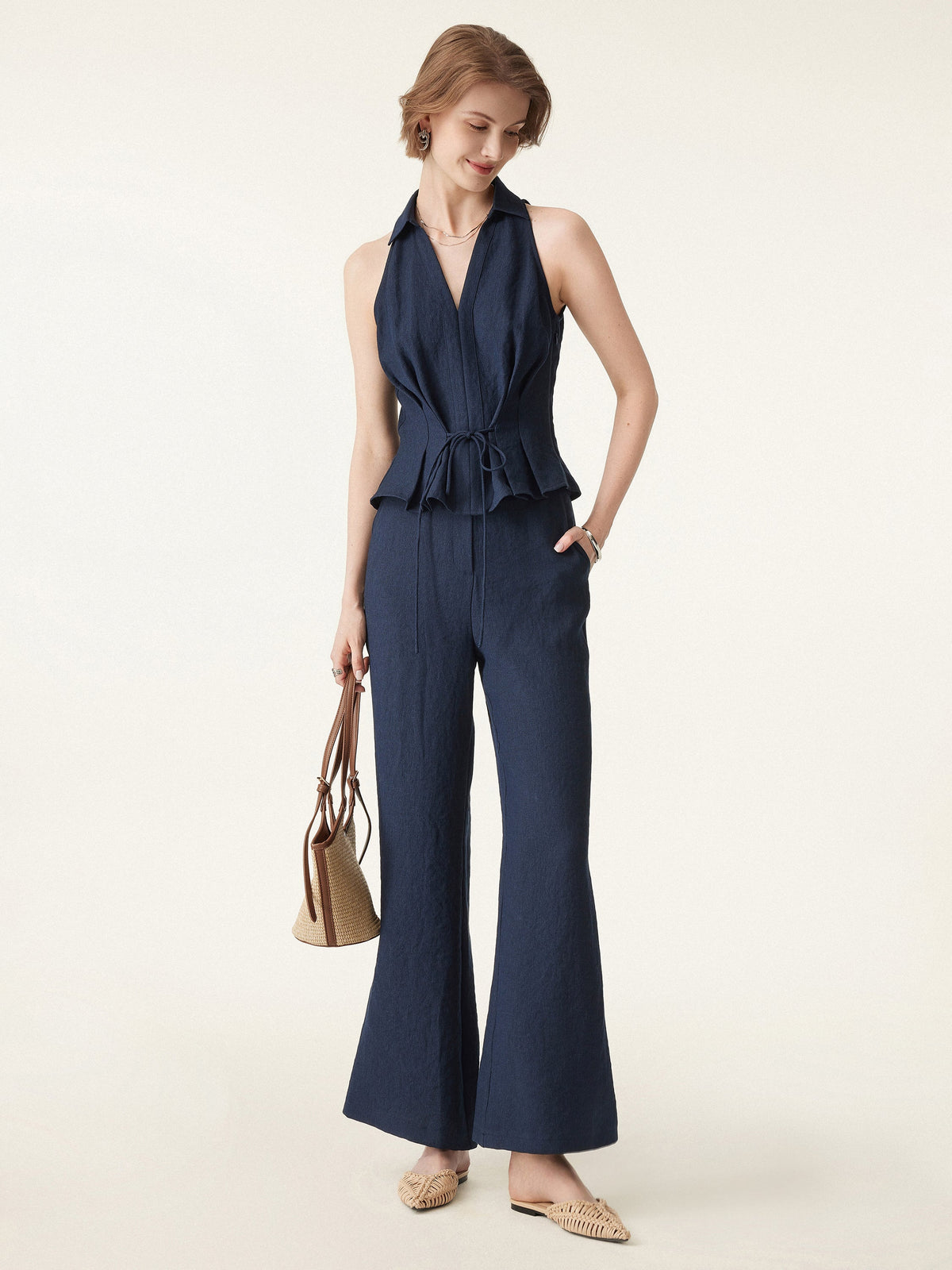 Collared V-neck Pleated Sleeveless Top with Drawstring — original photo 2