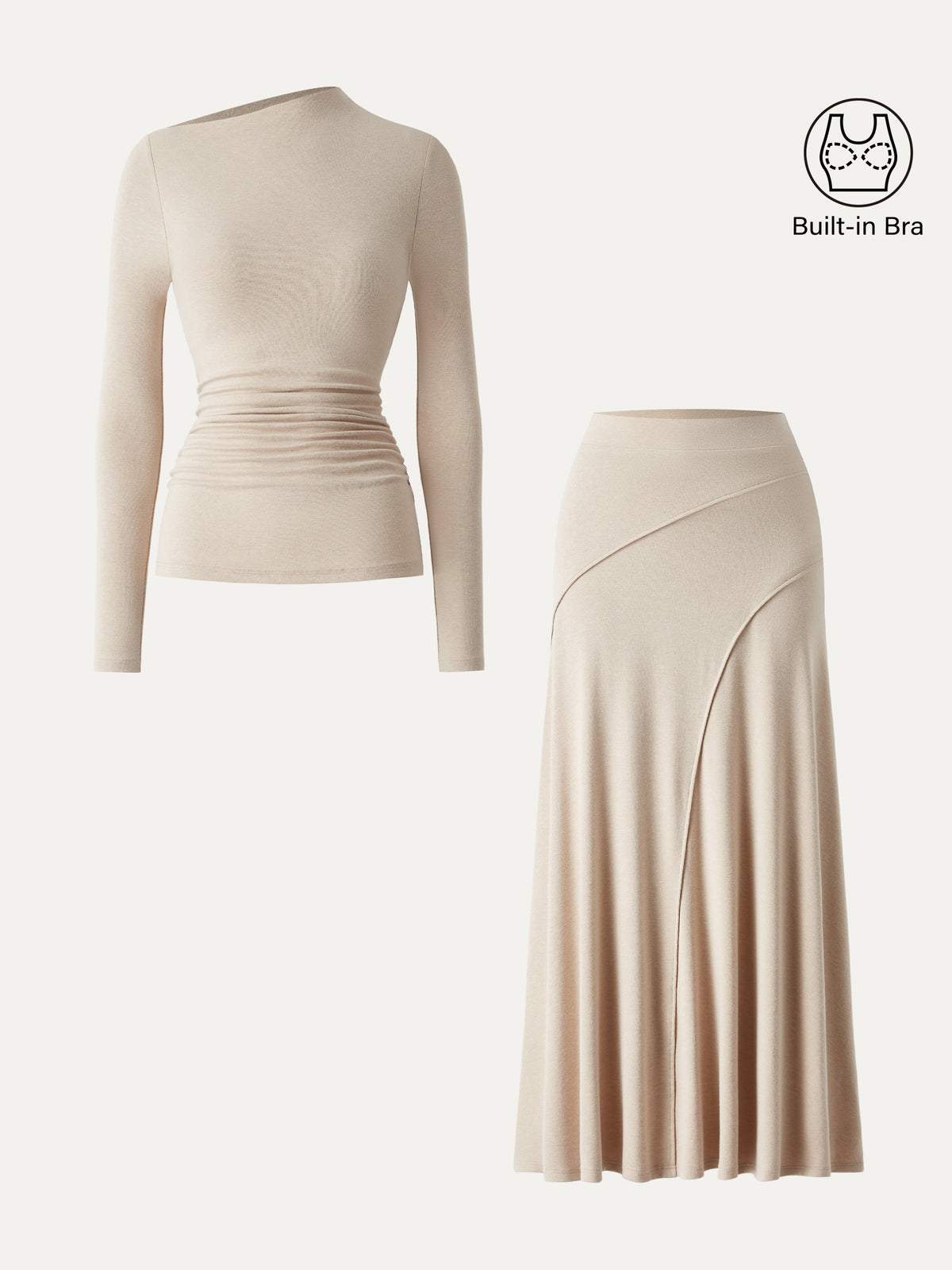 2Pcs Set LiteWarm Asymmetrical Long Sleeve Built-In Bra Top & A-Line Midi Skirt — original photo 11