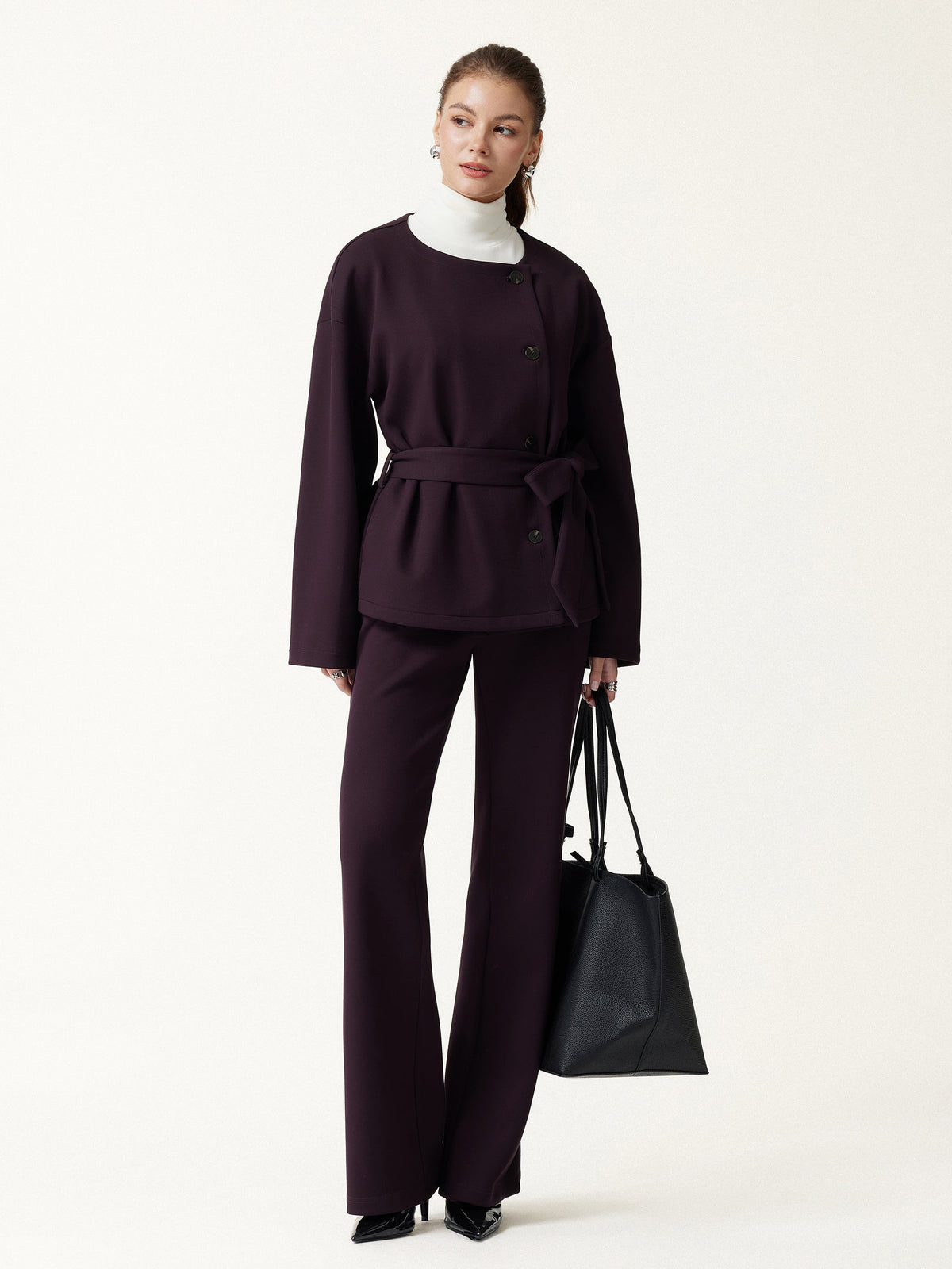 2Pcs Set Round Neck Long Sleeve Belted Jacket with Pockets & Mid-Rise Flared Pants with Pockets — original photo 3