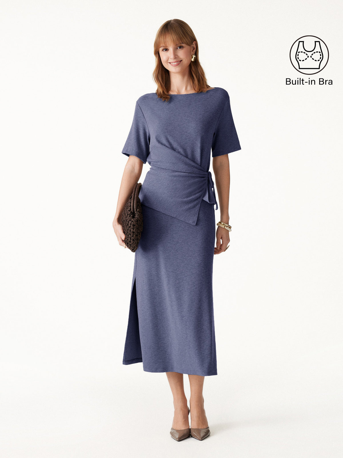 2Pcs Set LiteWarm Short Sleeve Tie-Side Top & Side-Slit A-Line Midi Skirt — original photo 14