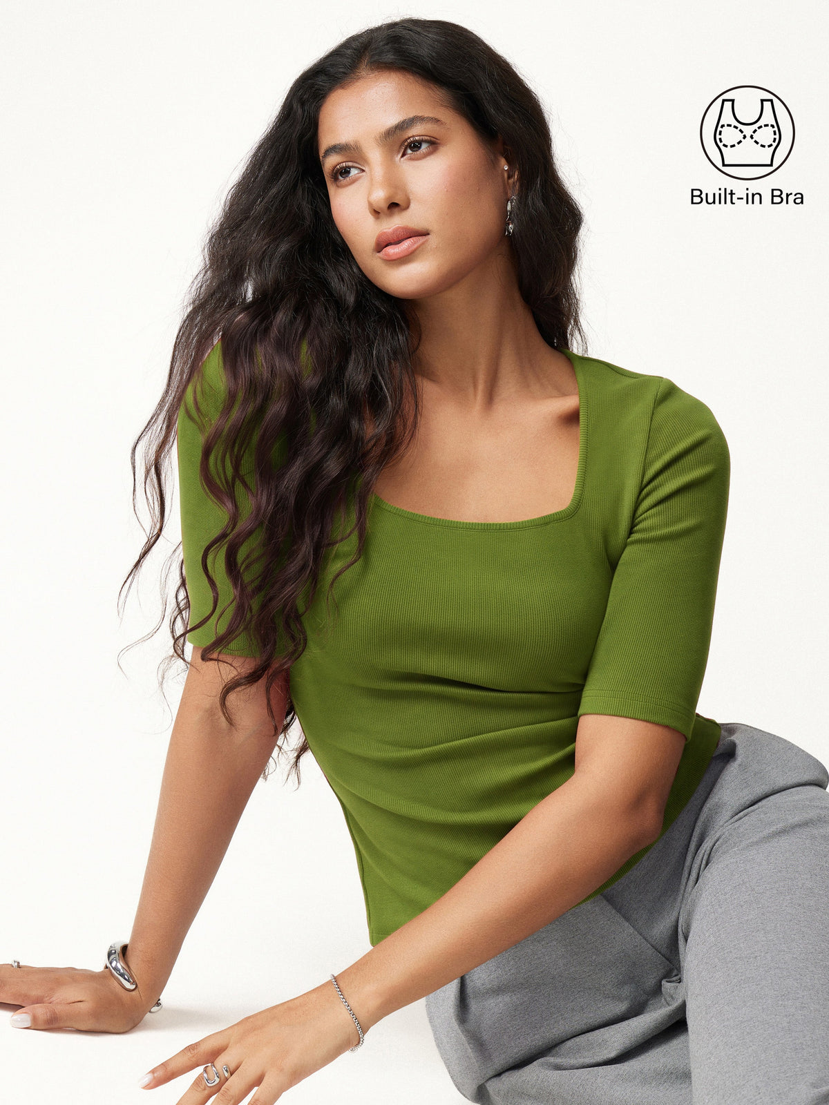 Square Neck Elbow Sleeve Built-In Bra Top — original photo 9