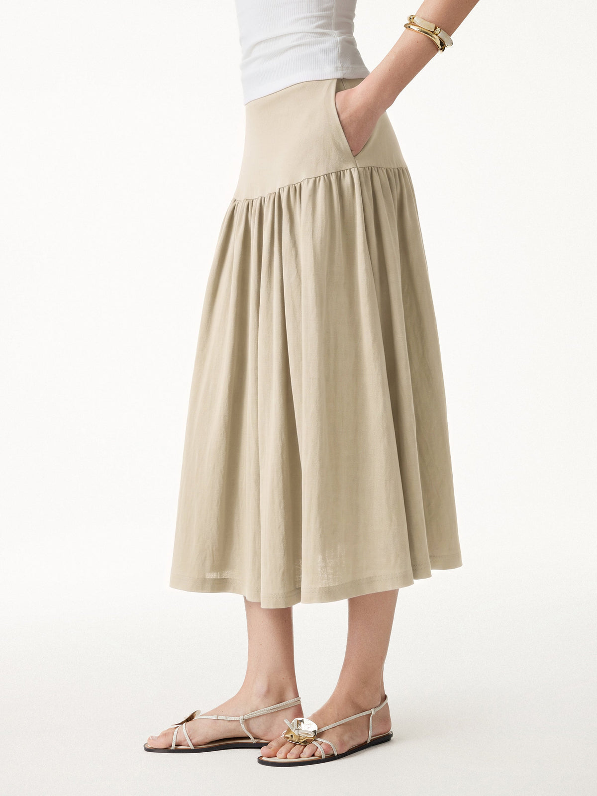 Cotton-Linen Gathered Midi Skirt with Pockets — original photo 8