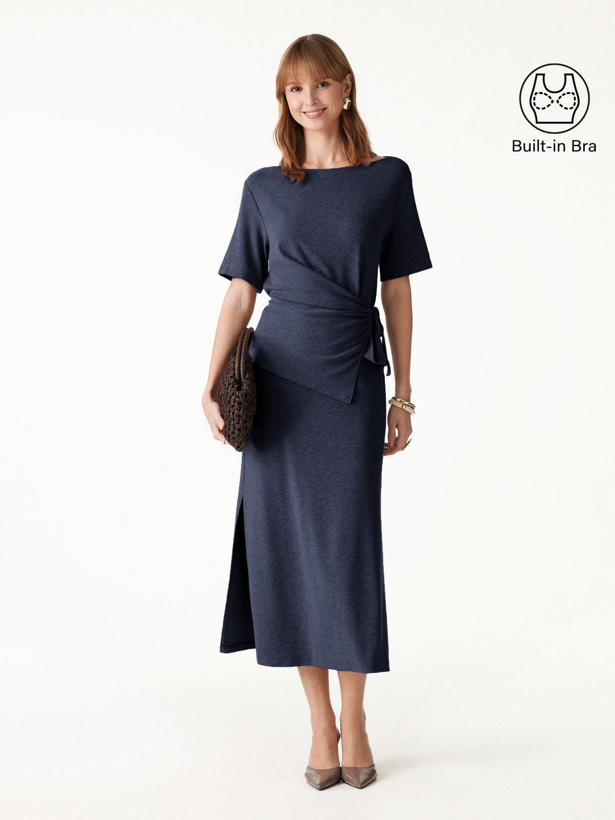 2Pcs Set LiteWarm Short Sleeve Tie-Side Top & Side-Slit A-Line Midi Skirt — original photo 16