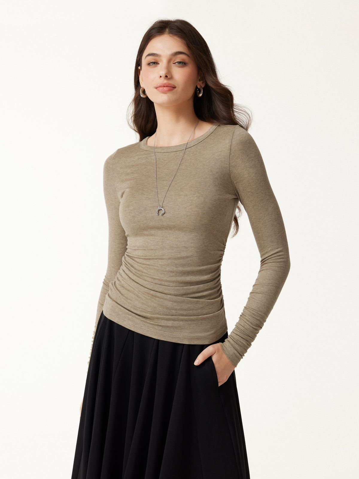 LiteWarm Lyocell-Wool Round Neck Long Sleeve Ruched Top — original photo 3