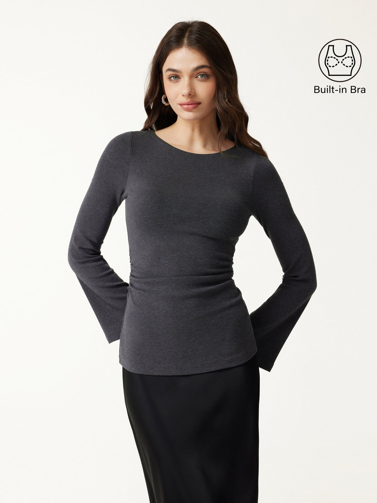 LiteWarm Round Neck Bell Sleeve Ruched Built-In Bra Top — original photo 1