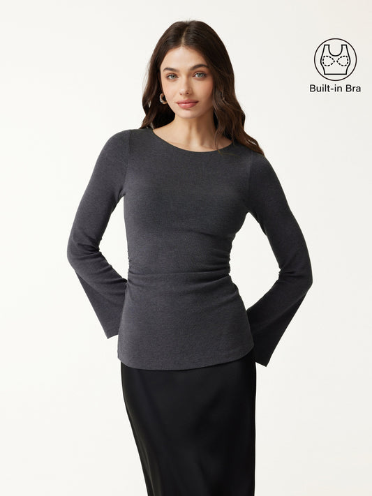 LiteWarm Round Neck Bell Sleeve Ruched Built-In Bra Top — original photo 1