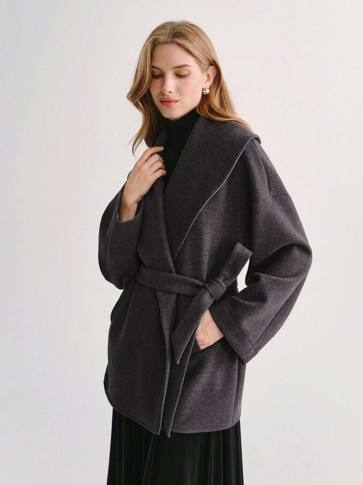 FuzzLuxe Draped Shawl Collar Long Sleeve Belted Jacket — original photo 1