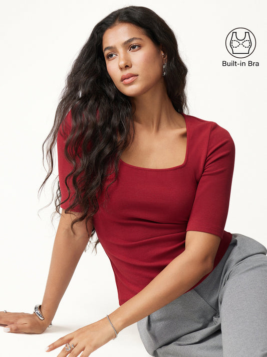 Square Neck Elbow Sleeve Built-In Bra Top — original photo 1