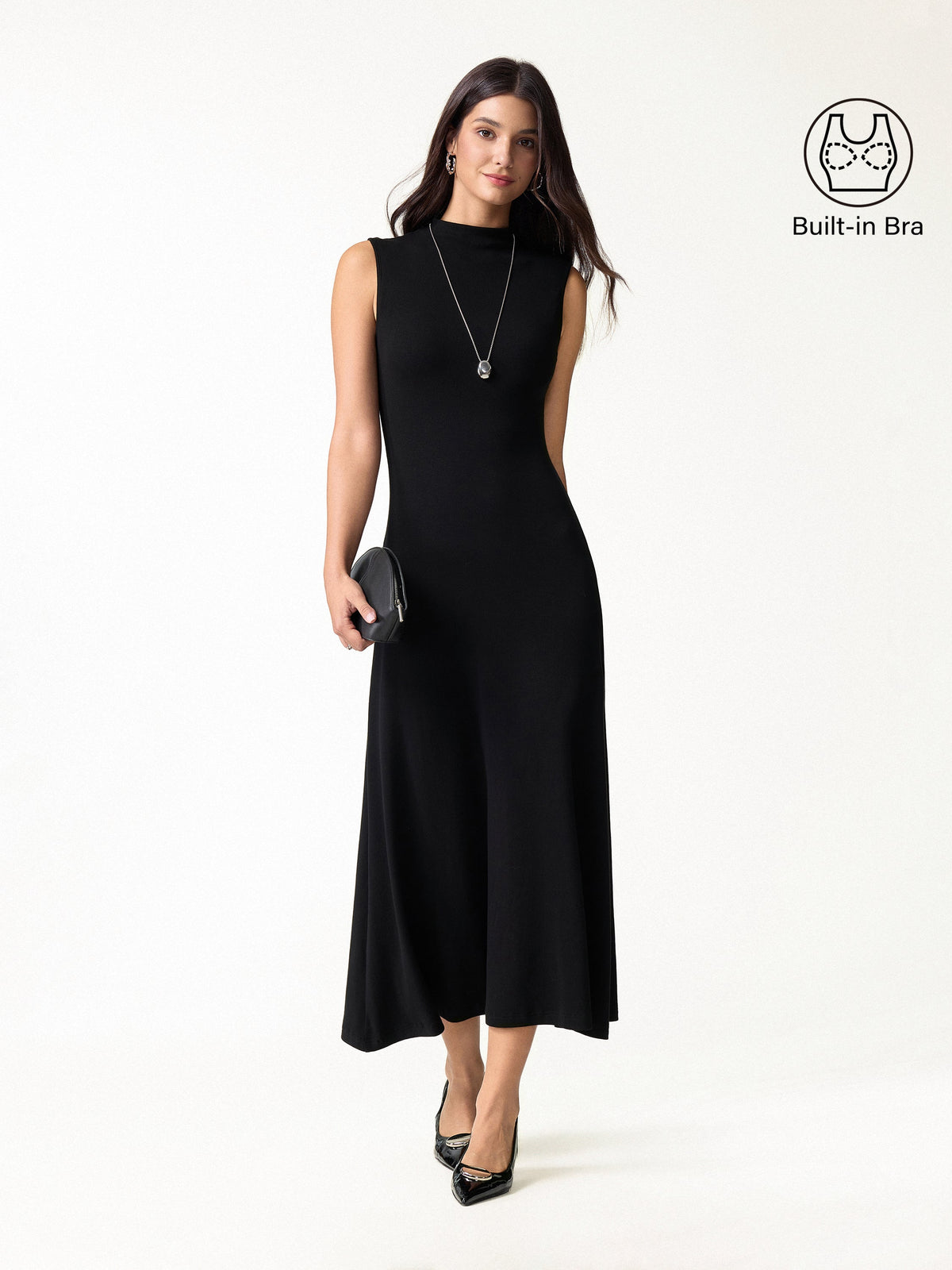 LiteWarm Mock Neck Sleeveless A-Line Midi Built-In Bra Dress — original photo 2