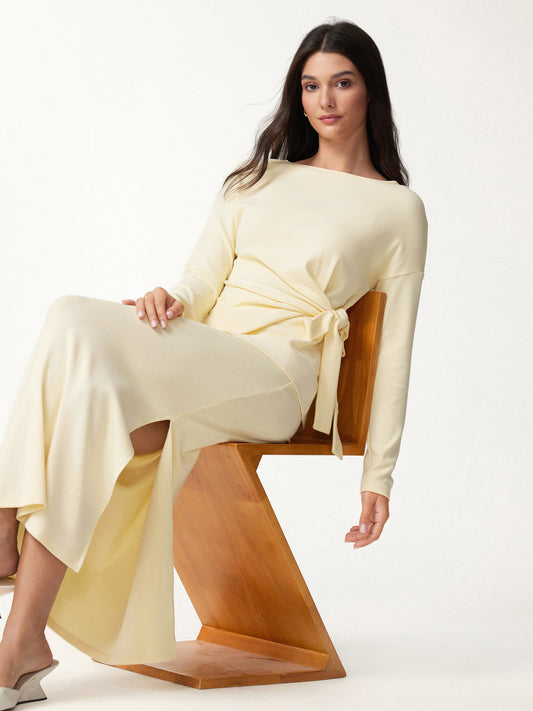 2Pcs Set LiteWarm Boatneck Long Sleeve Top & Mid-Rise Side-Slit Column Midi Skirt — original photo 1