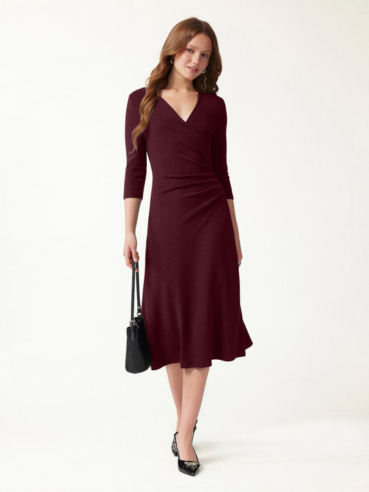 LiteWarm Surplice 3/4 Sleeve Side-Tuck Midi Dress — original photo 1
