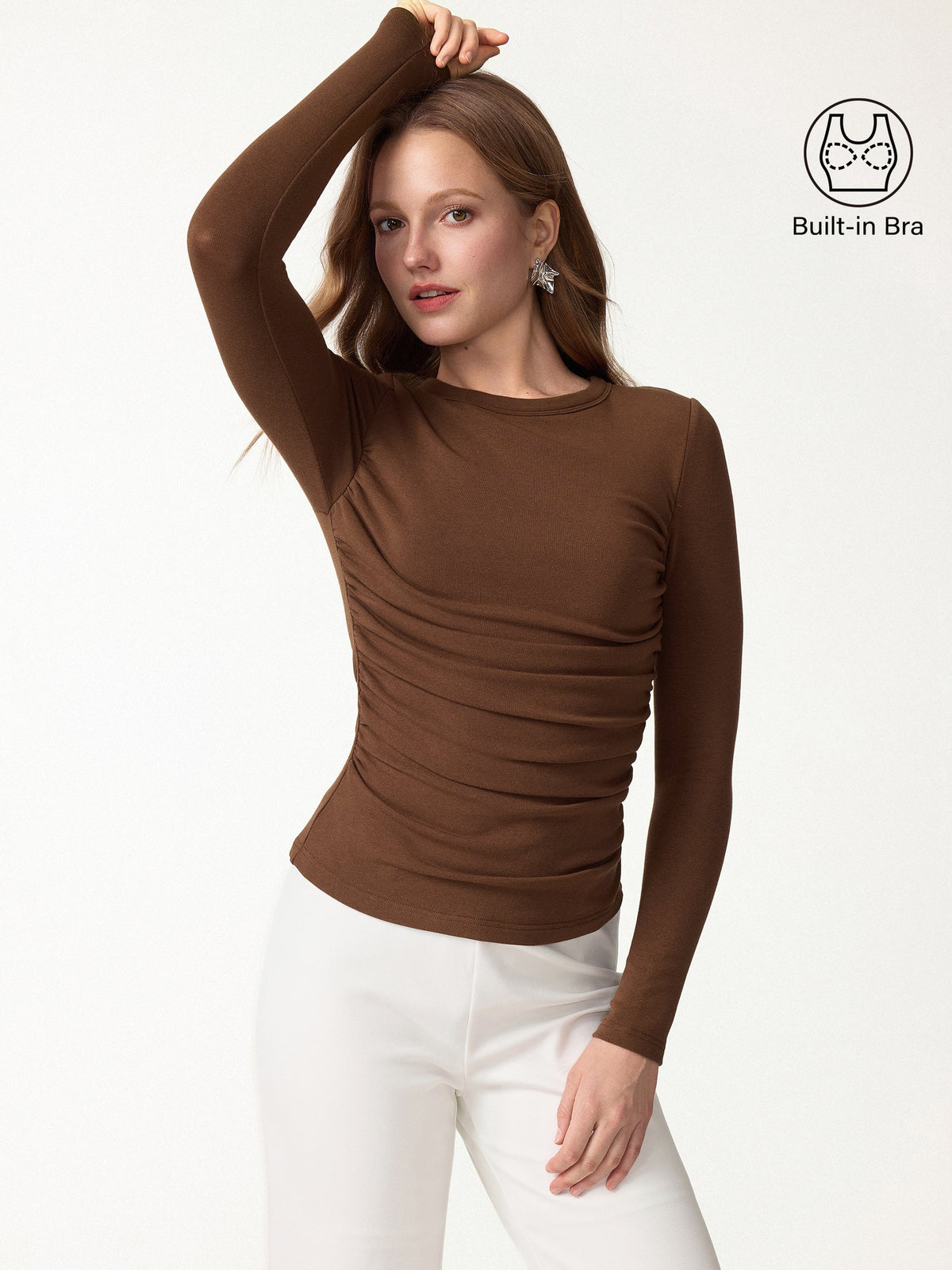 ProWarm Roundneck Long Sleeve Ruched Built-In Bra Top — original photo 3
