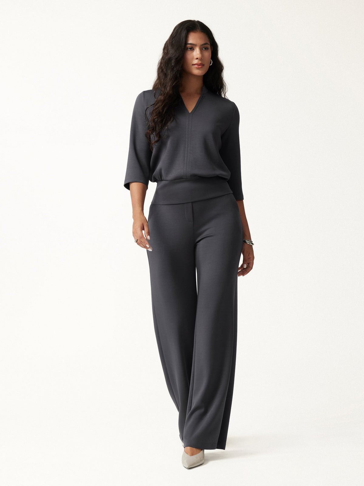 2Pcs Set V-Neck Elbow Sleeve Top & High-Rise Wide Leg Pants with Pockets — original photo 1
