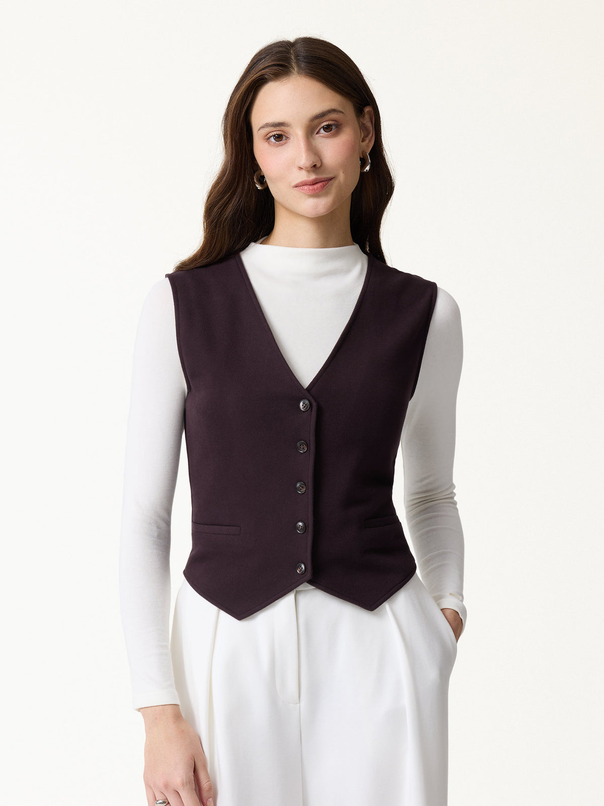 Petite-Friendly V-Neck Sleeveless Button-Down Cropped Vest — original photo 1