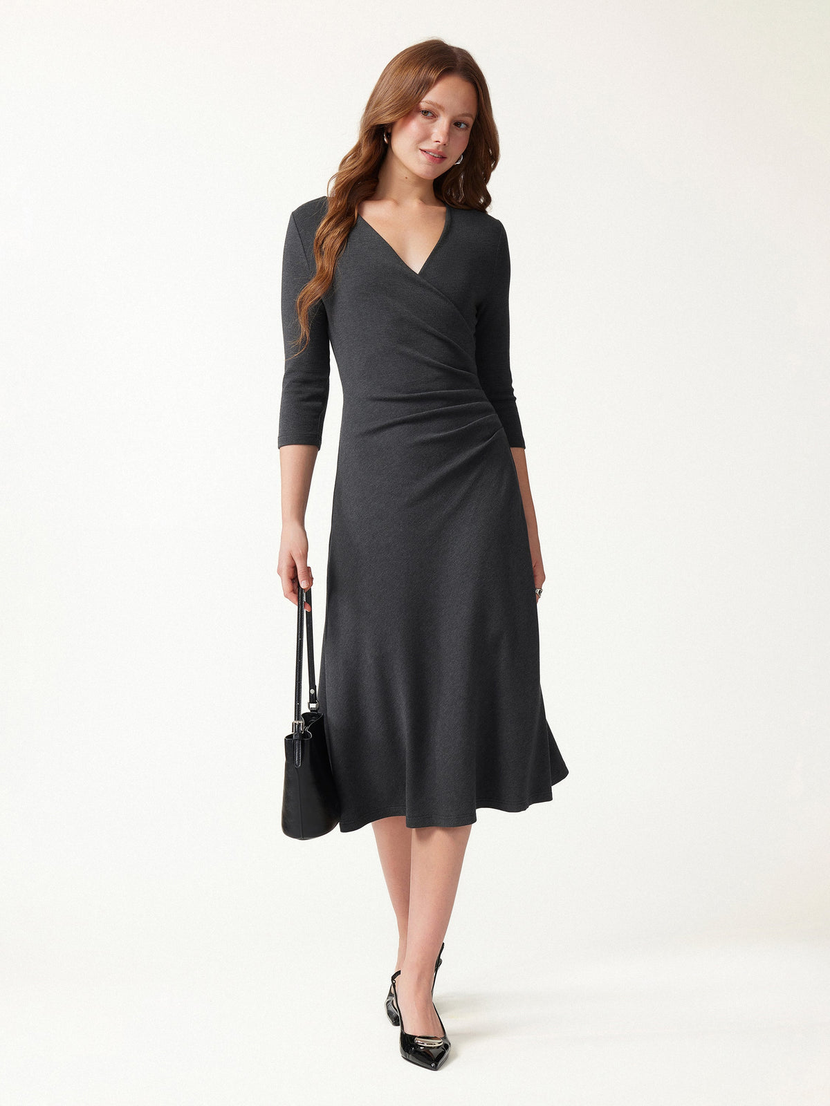 LiteWarm Surplice 3/4 Sleeve Side-Tuck Midi Dress — original photo 13