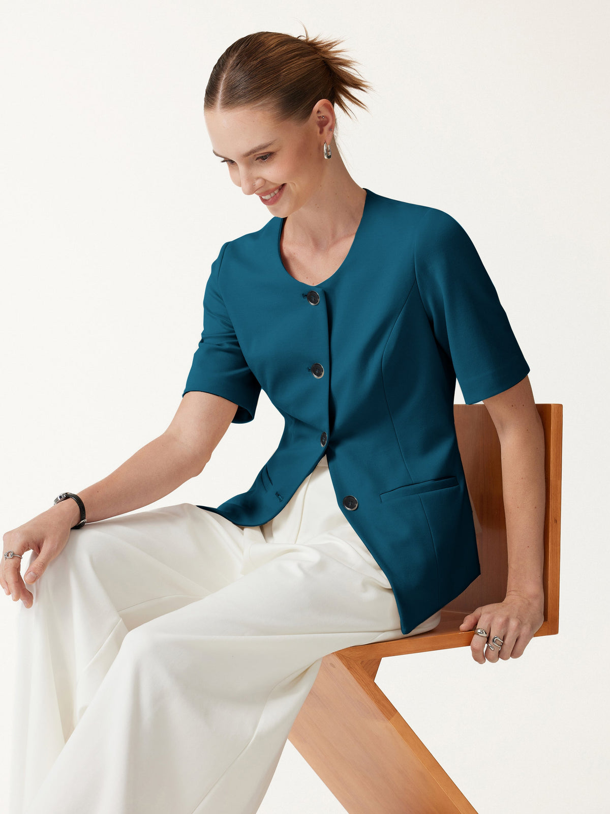 Ponte Office Round Neck Elbow Sleeve Jacket with Pockets — original photo 1