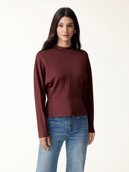 Modal Spacer Knit Mock Neck Batwing Sleeve Banded Hem Top — original photo 1