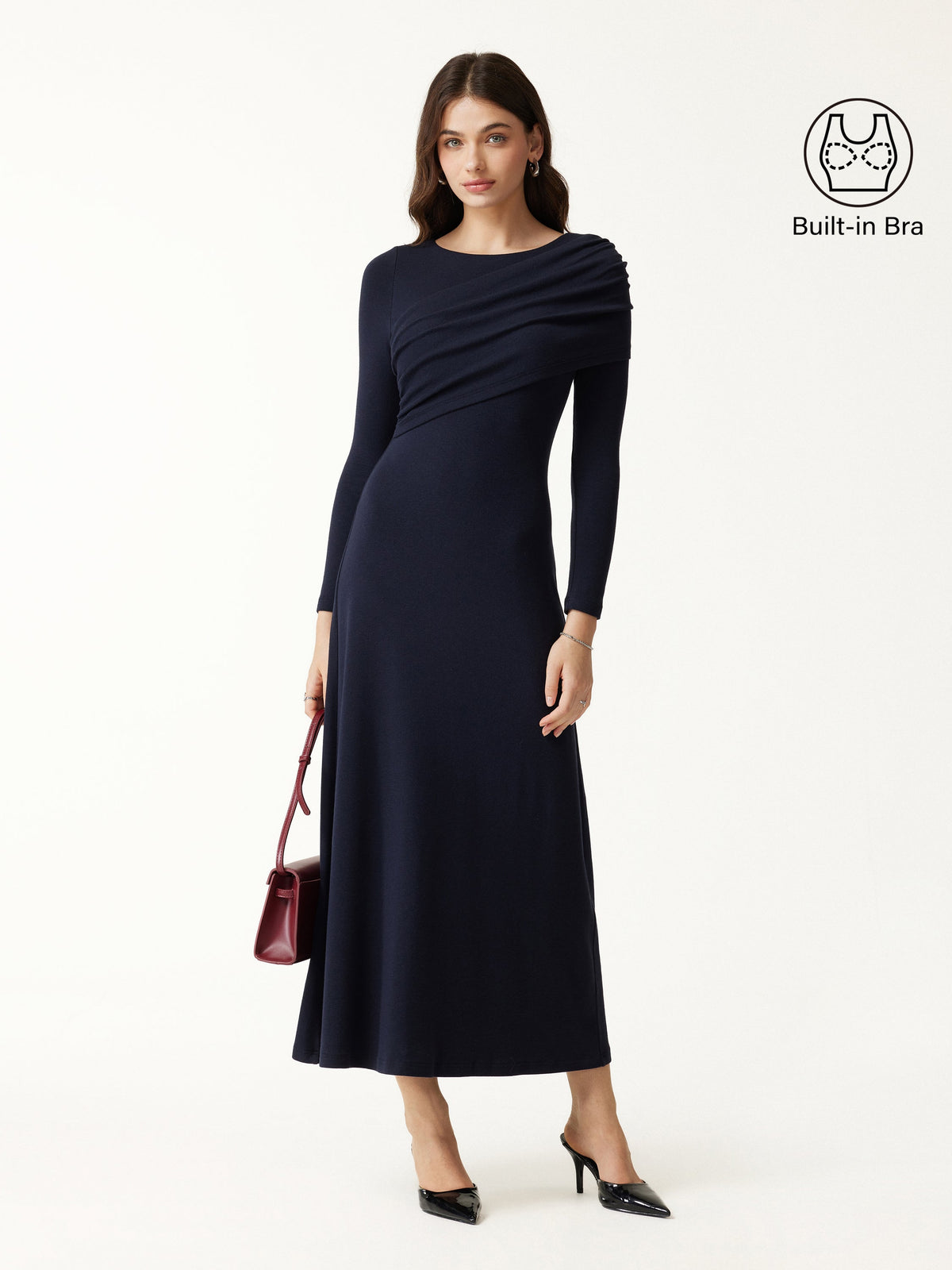 LiteWarm Boatneck Ruched A-Line Midi Built-In Bra Dress — original photo 2