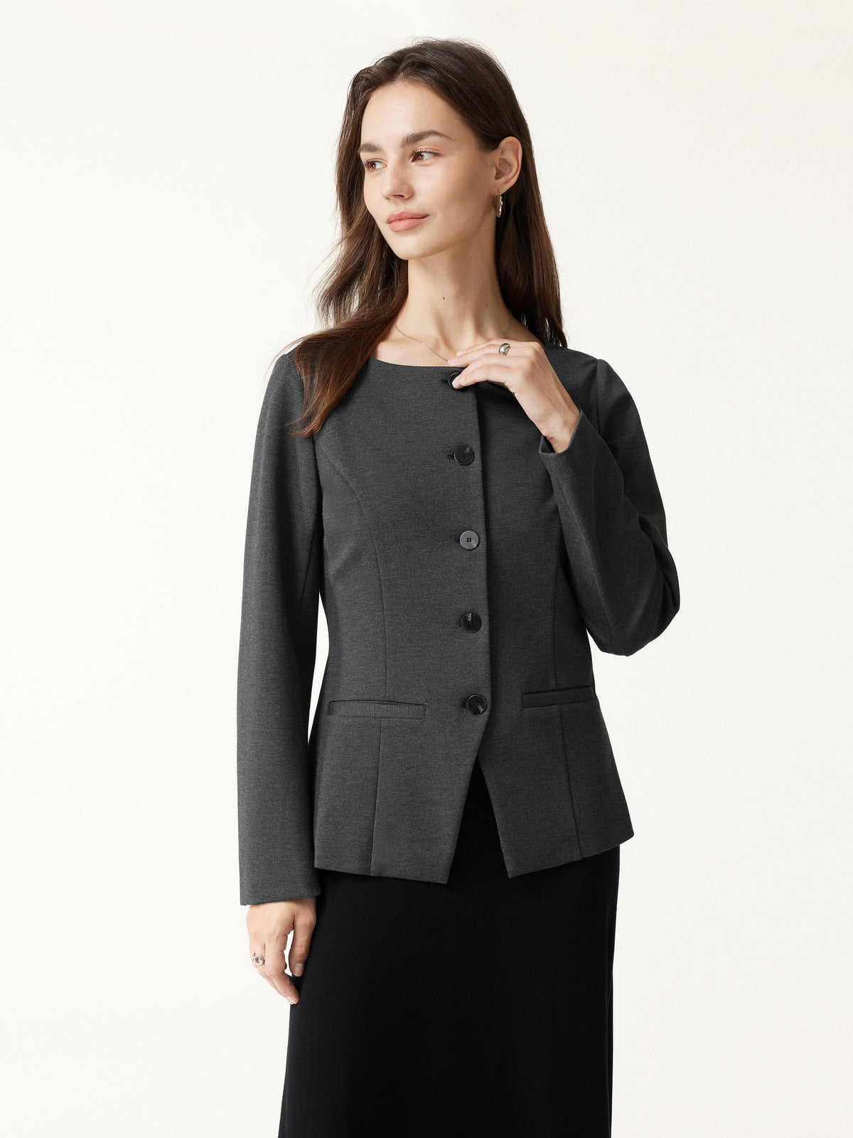 Ponte Office Round Neck Long Sleeve Jacket with Pockets — original photo 2