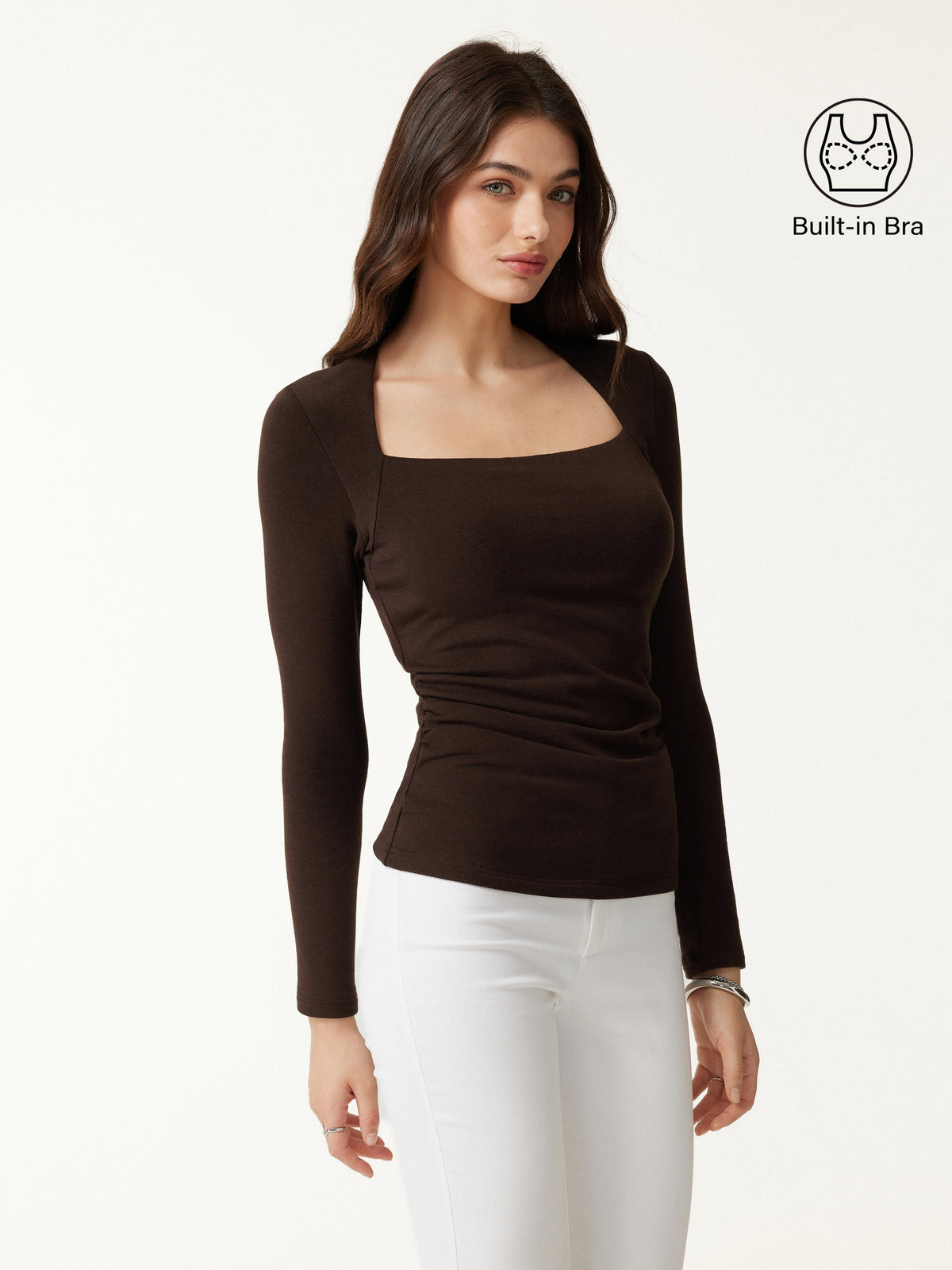 ProWarm Trapeze Neck Long Sleeve Ruched Built-In Bra Top — original photo 1
