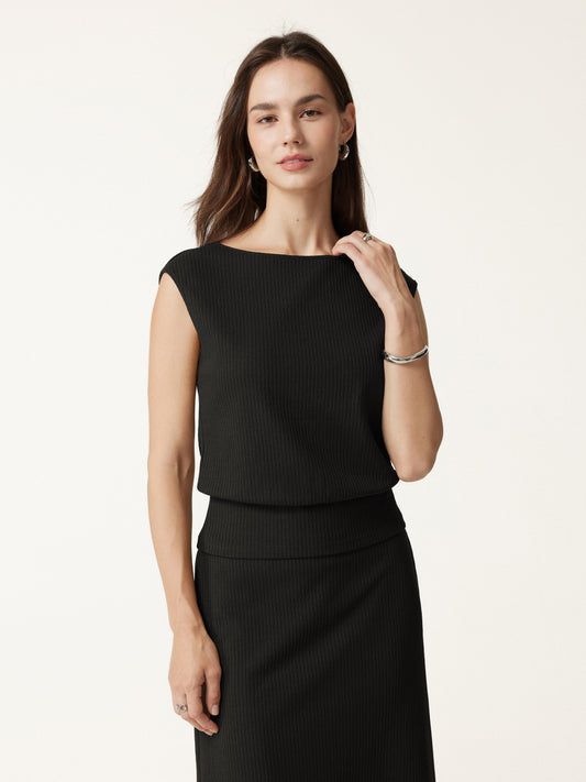 Textured Cotton Blend Boatneck Sleeveless Banded Hem Top — original photo 1