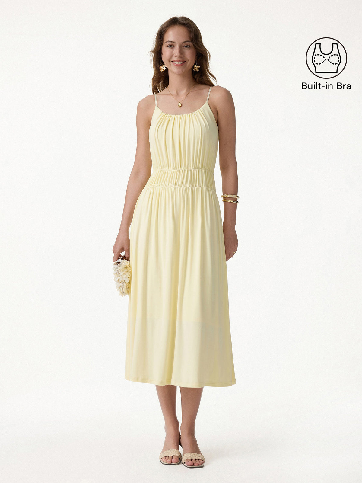 Vacay Gathered U-Neck Spaghetti Midi Built-In Bra Dress with Pockets — original photo 1