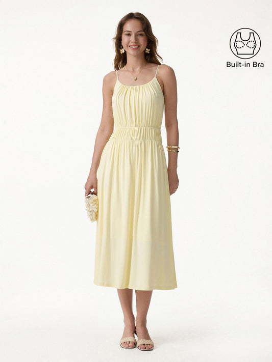 Vacay Gathered U-Neck Spaghetti Midi Built-In Bra Dress with Pockets — original photo 1