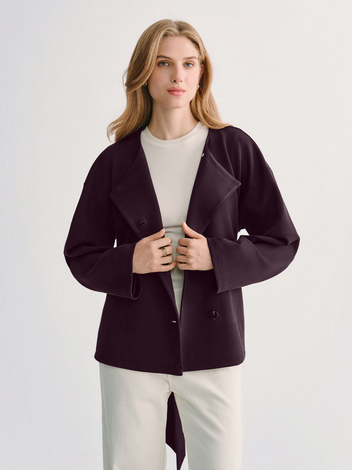 Bamboo-Blend Round Neck Long Sleeve Belted Jacket with Pockets — original photo 1