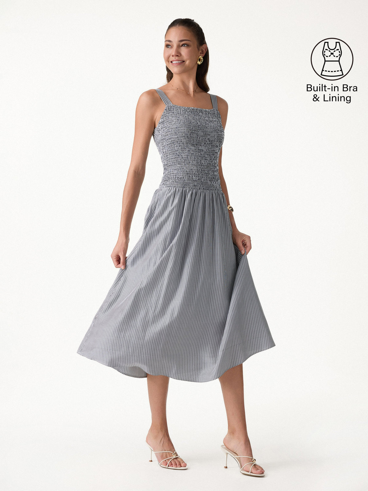 Striped Poplin Square Neck Smocked Midi Built-In Bra Dress — original photo 1