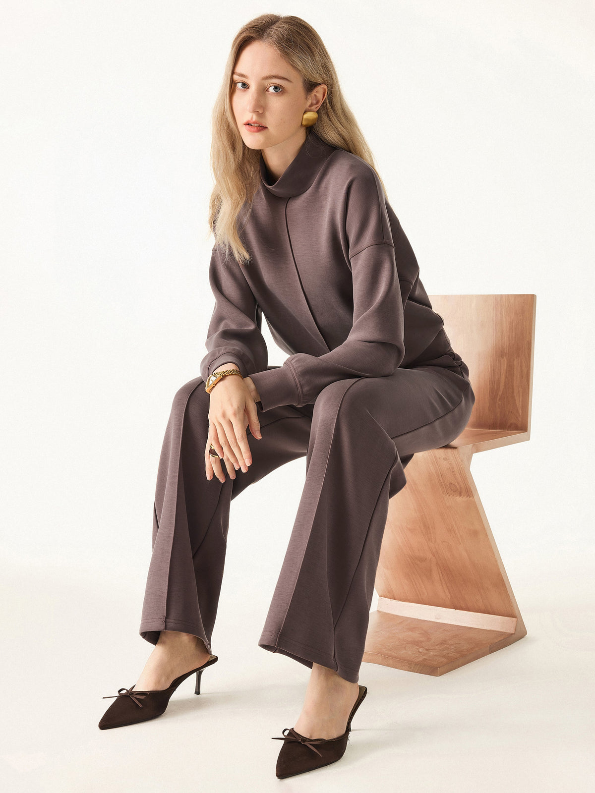 2Pcs Set Mockneck Pullover Shirt & Mid Rise Straight Leg Pants with Pockets — original photo 4