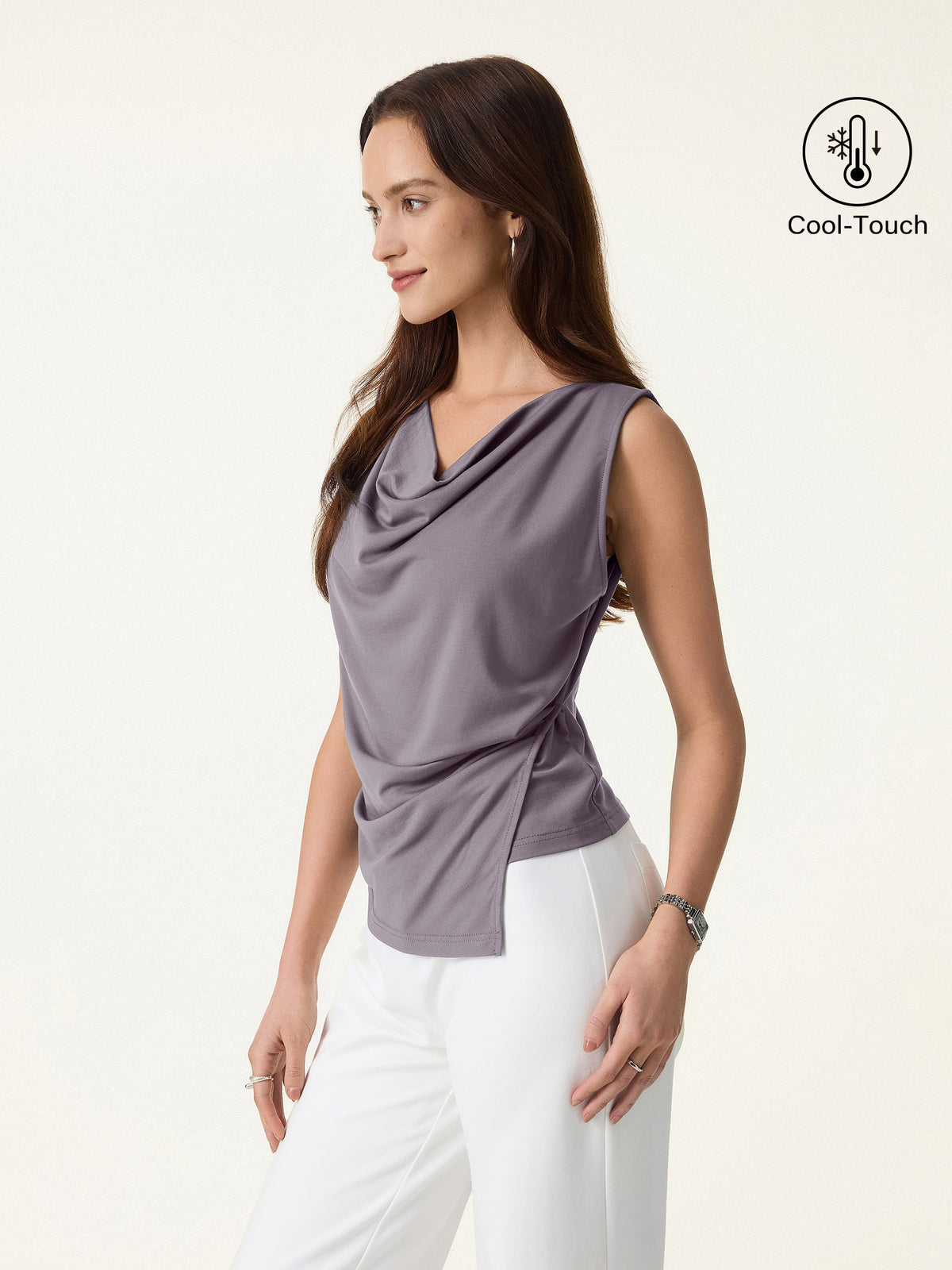 Cowl Neck Asymmetrical Tucked Sleeveless Top — original photo 8