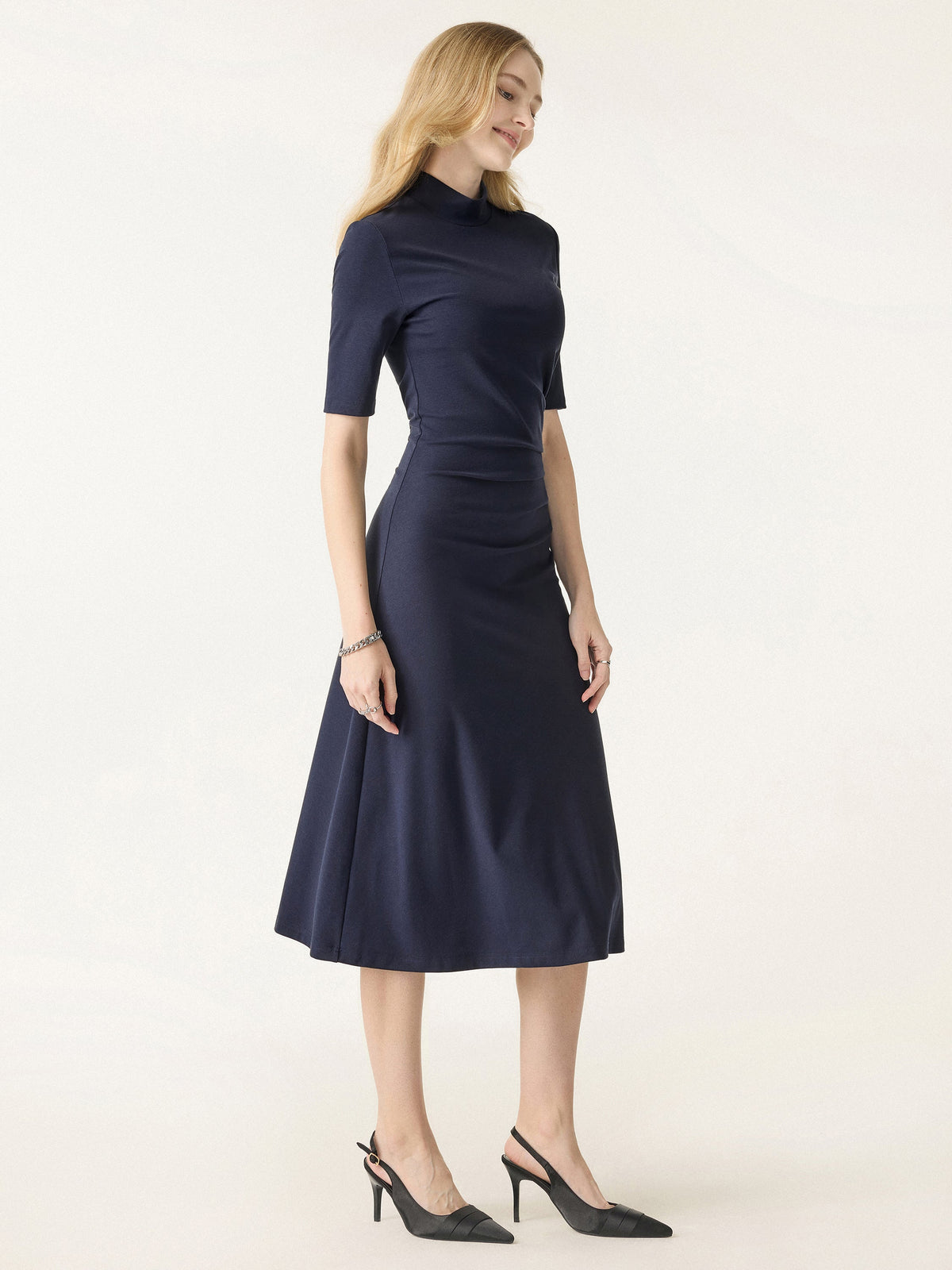 Cotton Blend Mock Neck Elbow Sleeve Tucked A-Line Midi Dress — original photo 9
