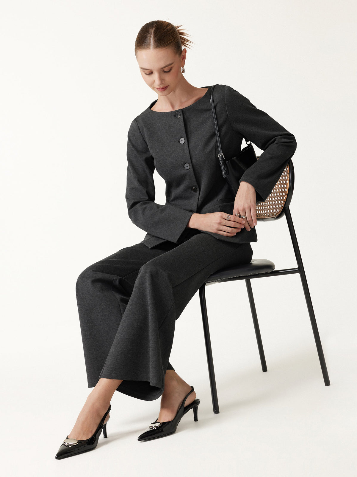2Pcs Set Neck Long Sleeve Jacket with Pockets & Mid-Rise Wide-Leg Pants with Pockets — original photo 1