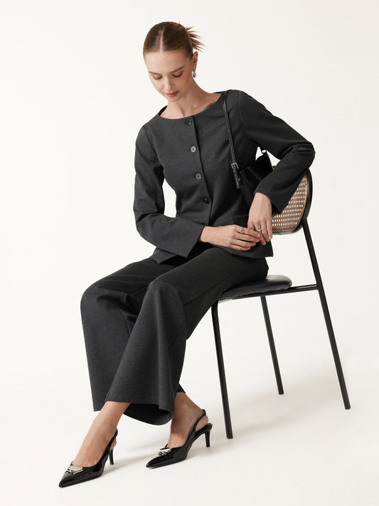 2Pcs Set Neck Long Sleeve Jacket with Pockets & Mid-Rise Wide-Leg Pants with Pockets — original photo 1