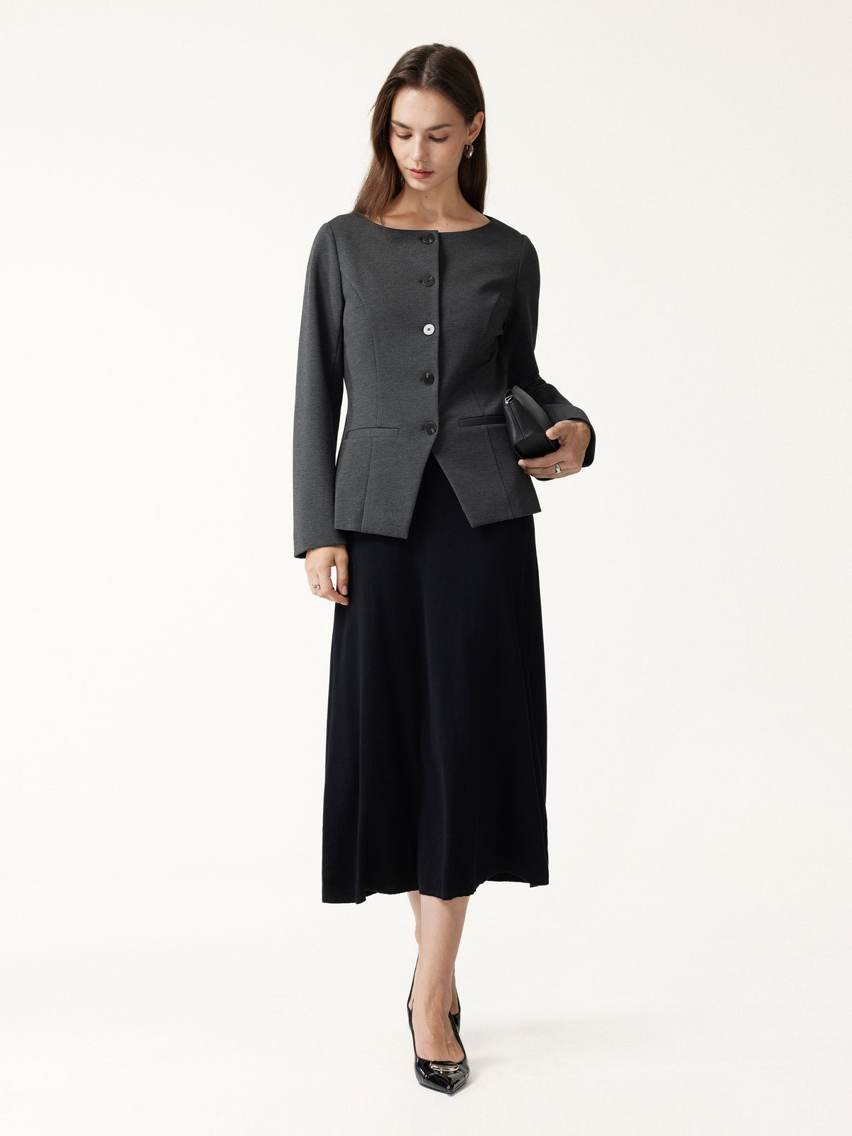 Ponte Office Round Neck Long Sleeve Jacket with Pockets — original photo 3