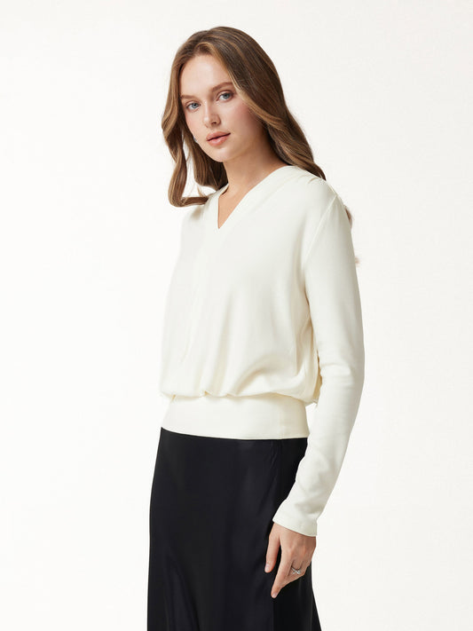 LiteWarm V-Neck Long Sleeve Ruched Banded Hem Top — original photo 1