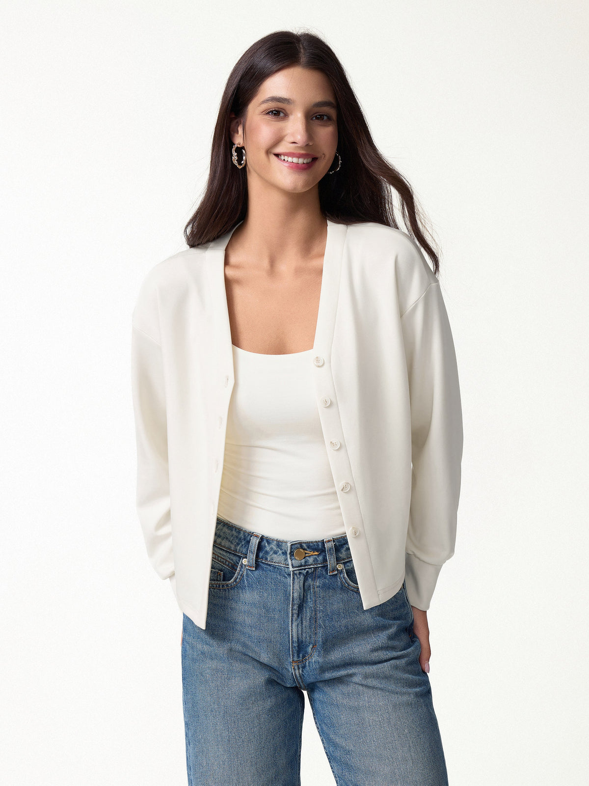 Modal Spacer Knit V-Neck Long Sleeve Button-Down Cardigan — original photo 1